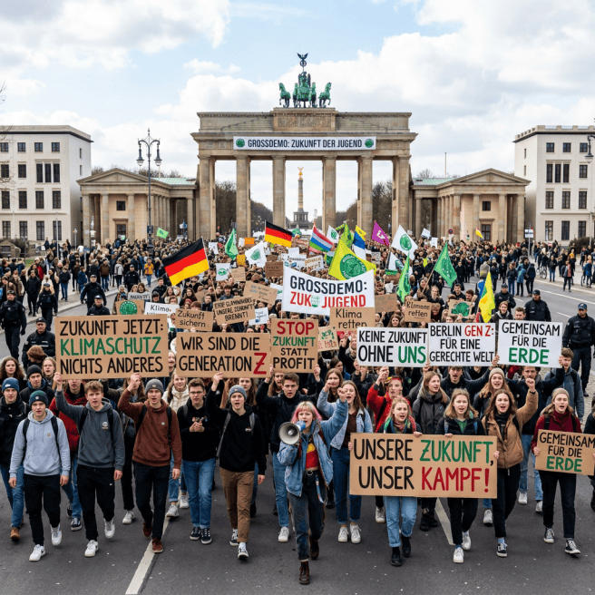 Youth climate protest at Brandenburg Gate holding signs reading “ZUKUNFT JETZT” and “UNSERE ZUKUNFT UNSER KAMPF”